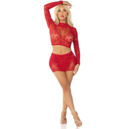 LEG AVENUE - SHINY NET CROP + MINI SKIRT RED 2
