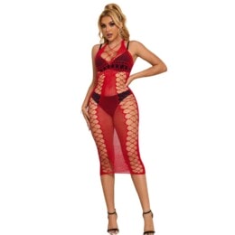 SUBBLIME - 952327 LONG RED FISHNET DRESS ONE SIZE 2